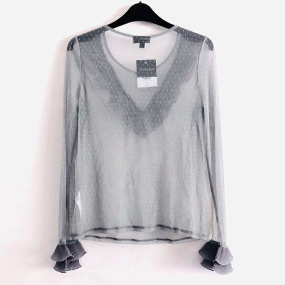 Topshop Blouse 6 NWT V Ruffle Swiss Dot Mesh Sheer Trendy Spring - Picture 10 of 13